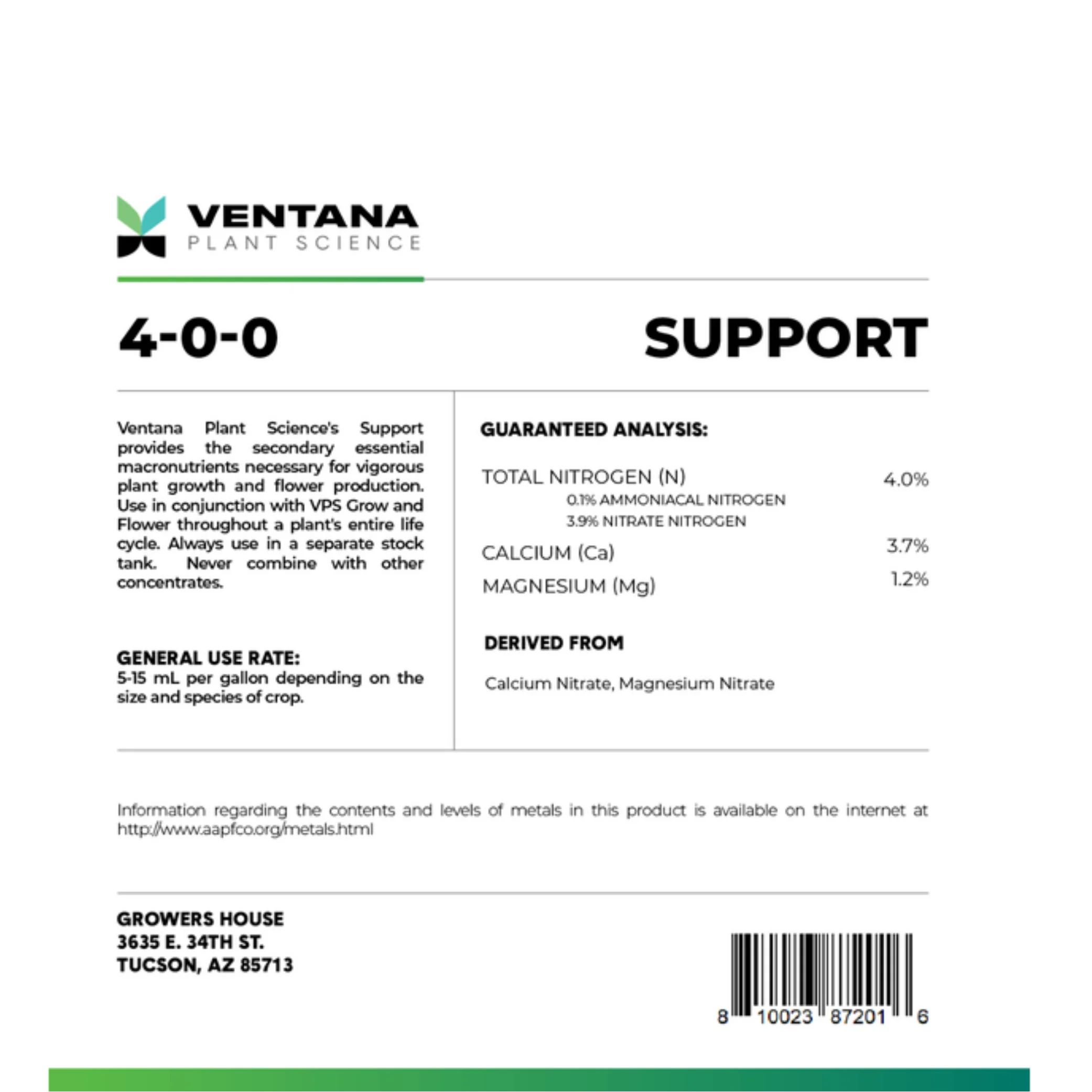 Ventana Plant Science - Support 4-0-0 (Cal-Mag + Secondary Macros) - Image 3